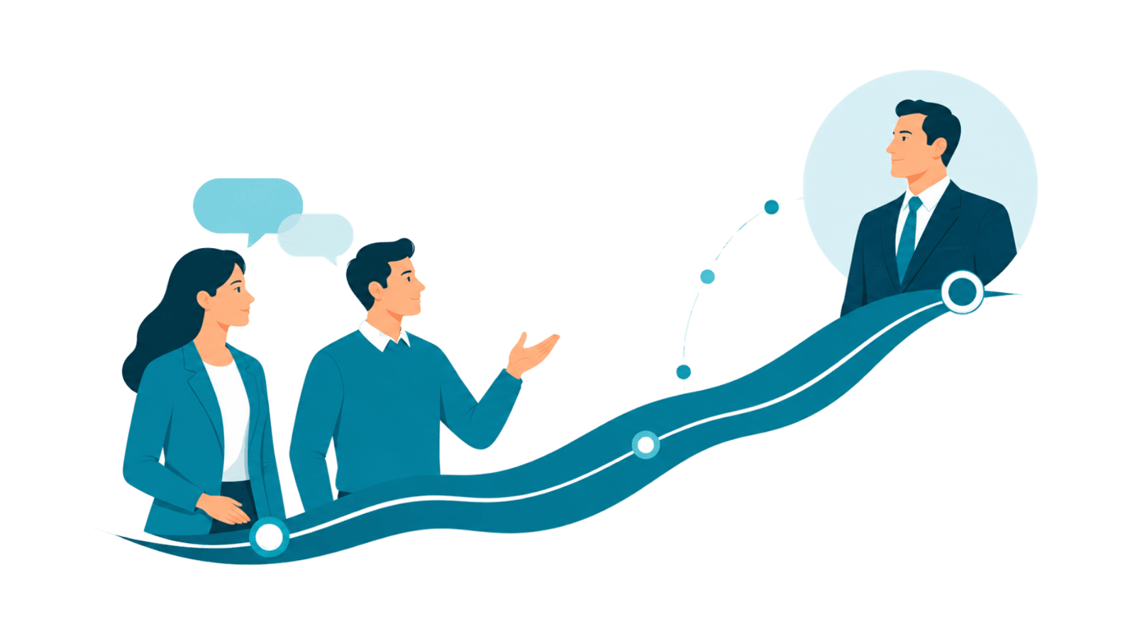 Two startup professionals shape a growth path toward executive credibility, representing how funded startups and scaleups build trust, refine messaging, and turn visibility into enterprise opportunity.