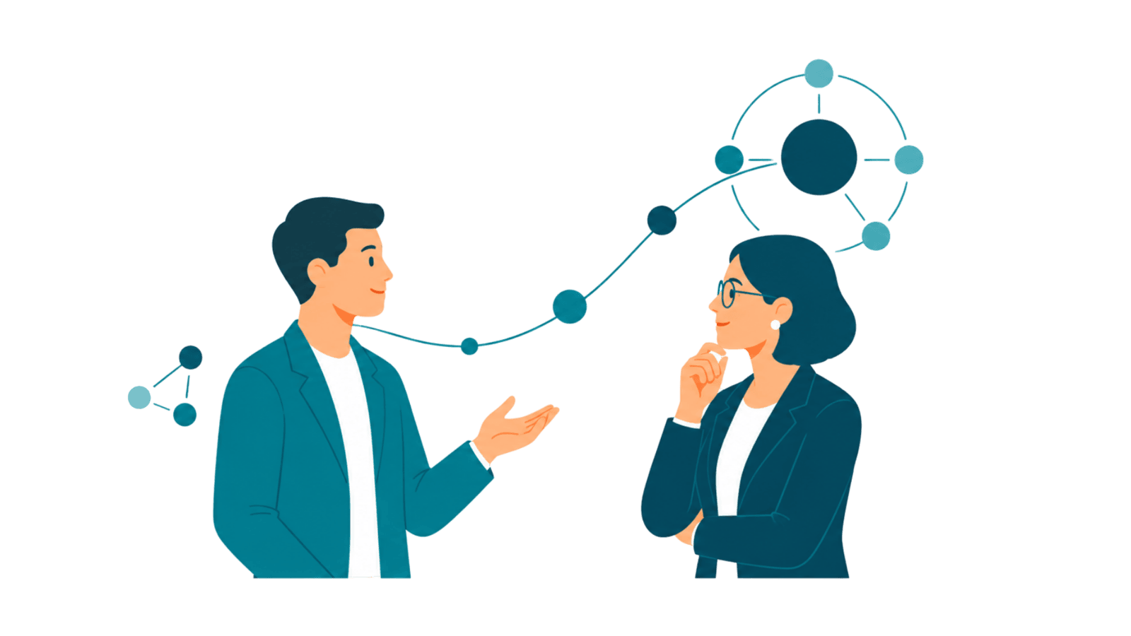 Professional vector illustration of startup leaders in conversation, connected by flowing network elements that suggest trust, growth, and ongoing business dialogue.
