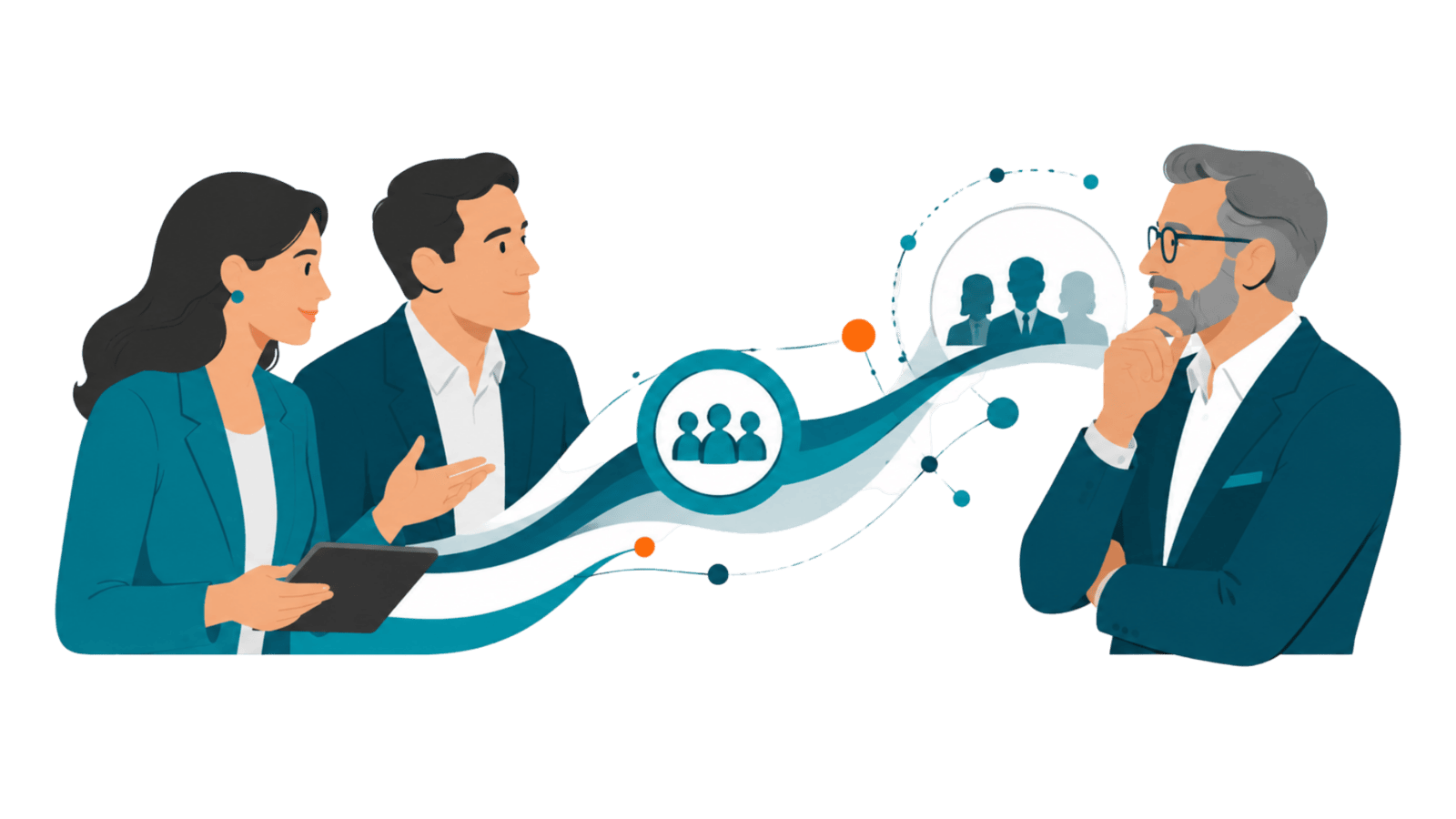 Two agency professionals connect client campaign strategy with executive audience insight, representing credible CXO influence through partnership and targeted engagement.