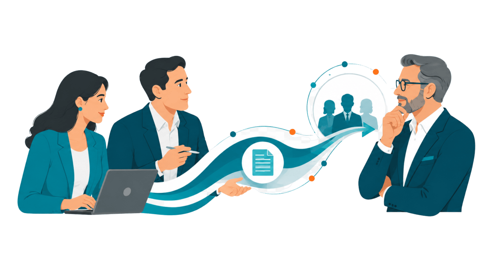Two agency professionals connect client content and executive audience insight, representing credibility, CXO access, and stronger client marketing programs.