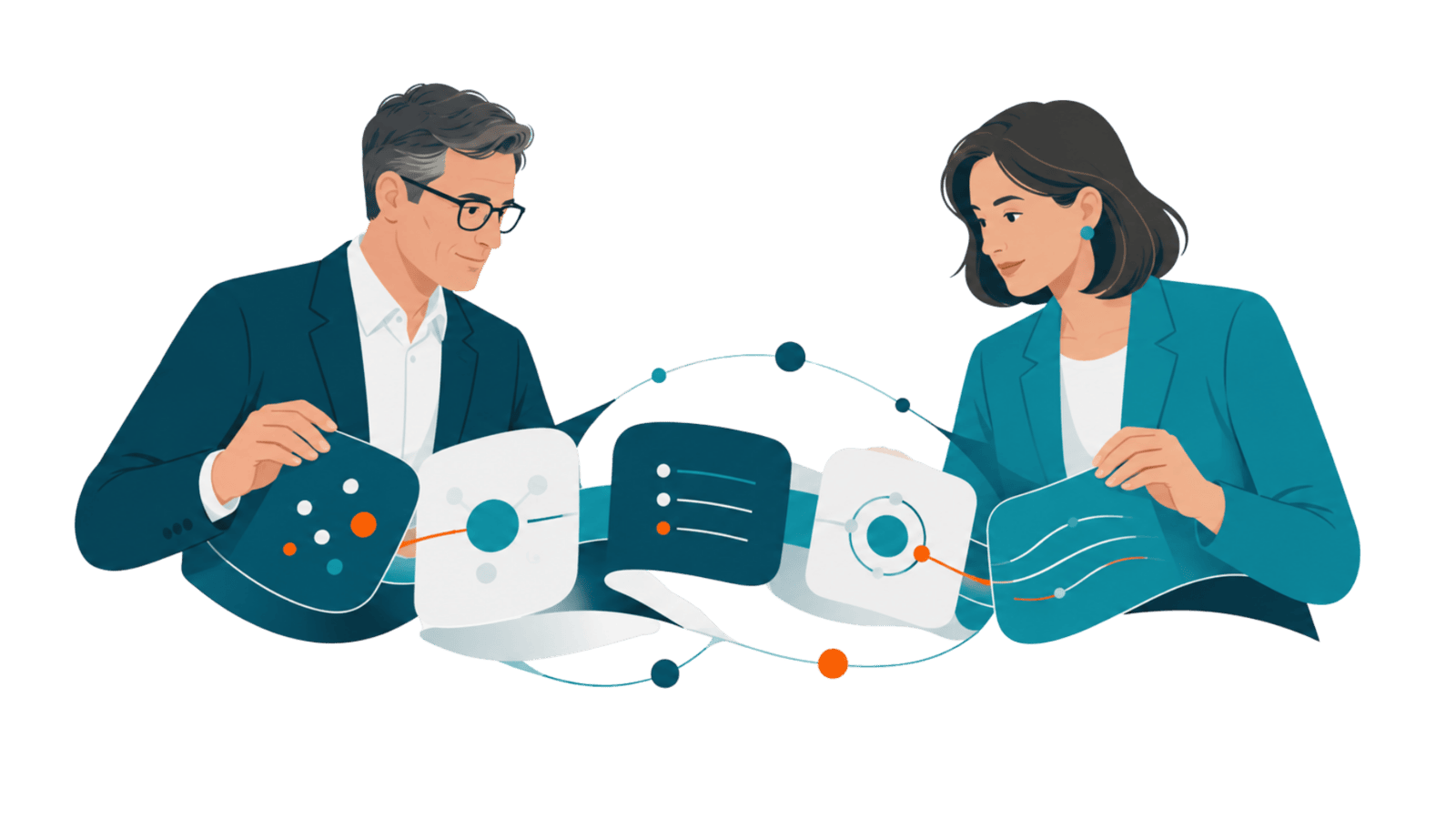 Two agency professionals shape connected insight and content elements, representing partnership-led thought leadership programs that build reputation and results.