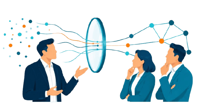 Three executives exchange focused ideas as signals move through a clarity lens into a connected influence network, representing strategic thought leadership that elevates trusted industry voices.