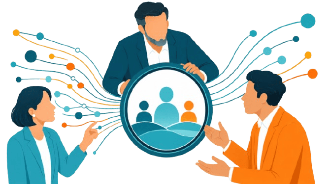 Business leaders examine connected ideas and market signals through an insight lens, representing credible proof, clearer follow-up, and measurable GTM impact.