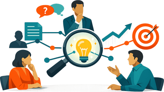 Three business professionals examine a campaign idea through a magnifying lens, representing buyer clarity, message validation, and focused decision-making before launching a marketing initiative.