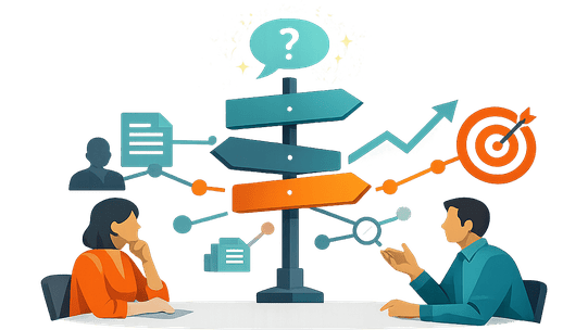 Business professionals evaluate campaign direction around a signpost, representing clarity on goals, audience, message, and next steps before building more marketing activity.