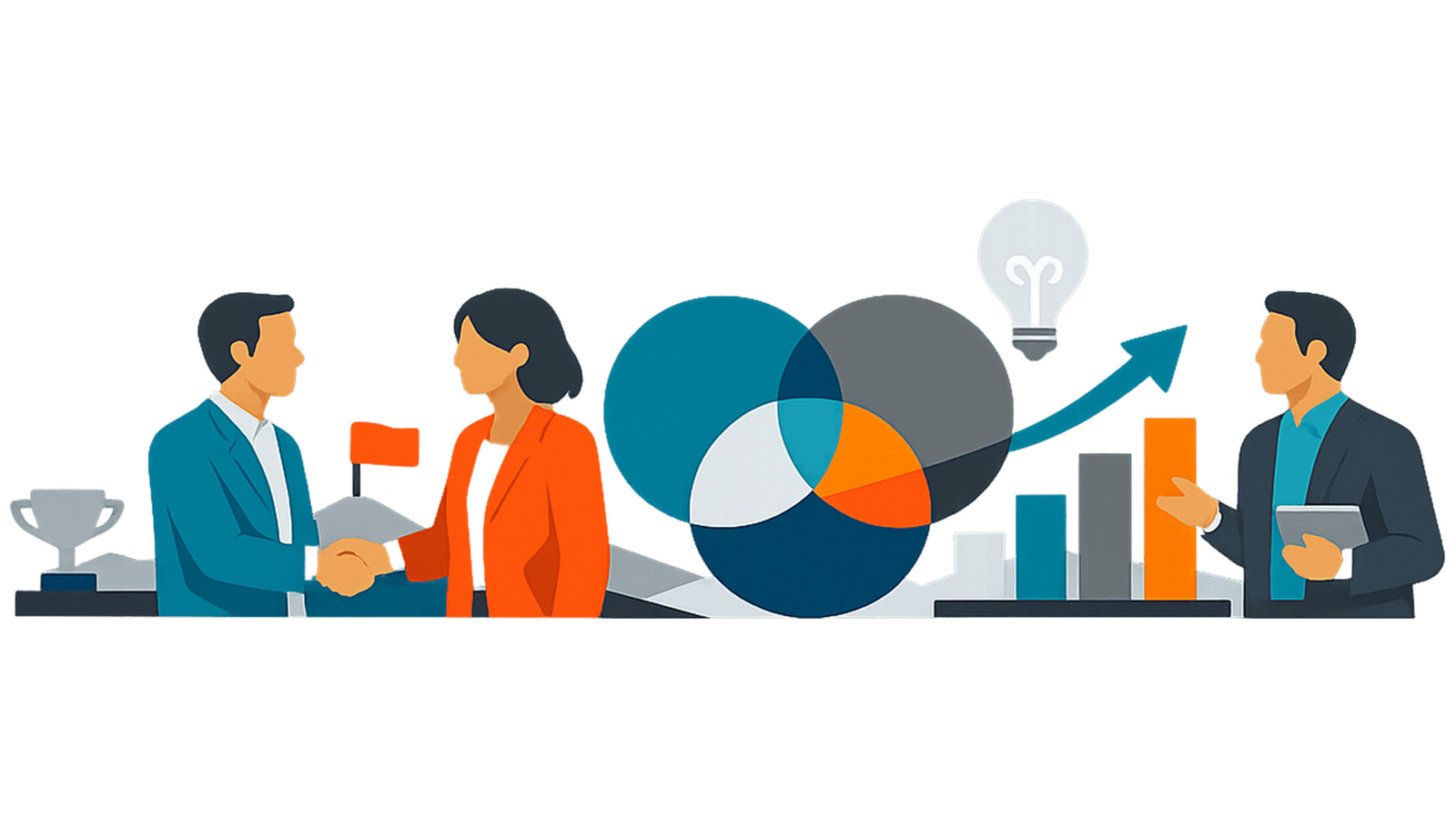 Three business professionals collaborate around overlapping circles, growth signals, and shared strategy elements, representing alliance trust, visibility, and shared success.