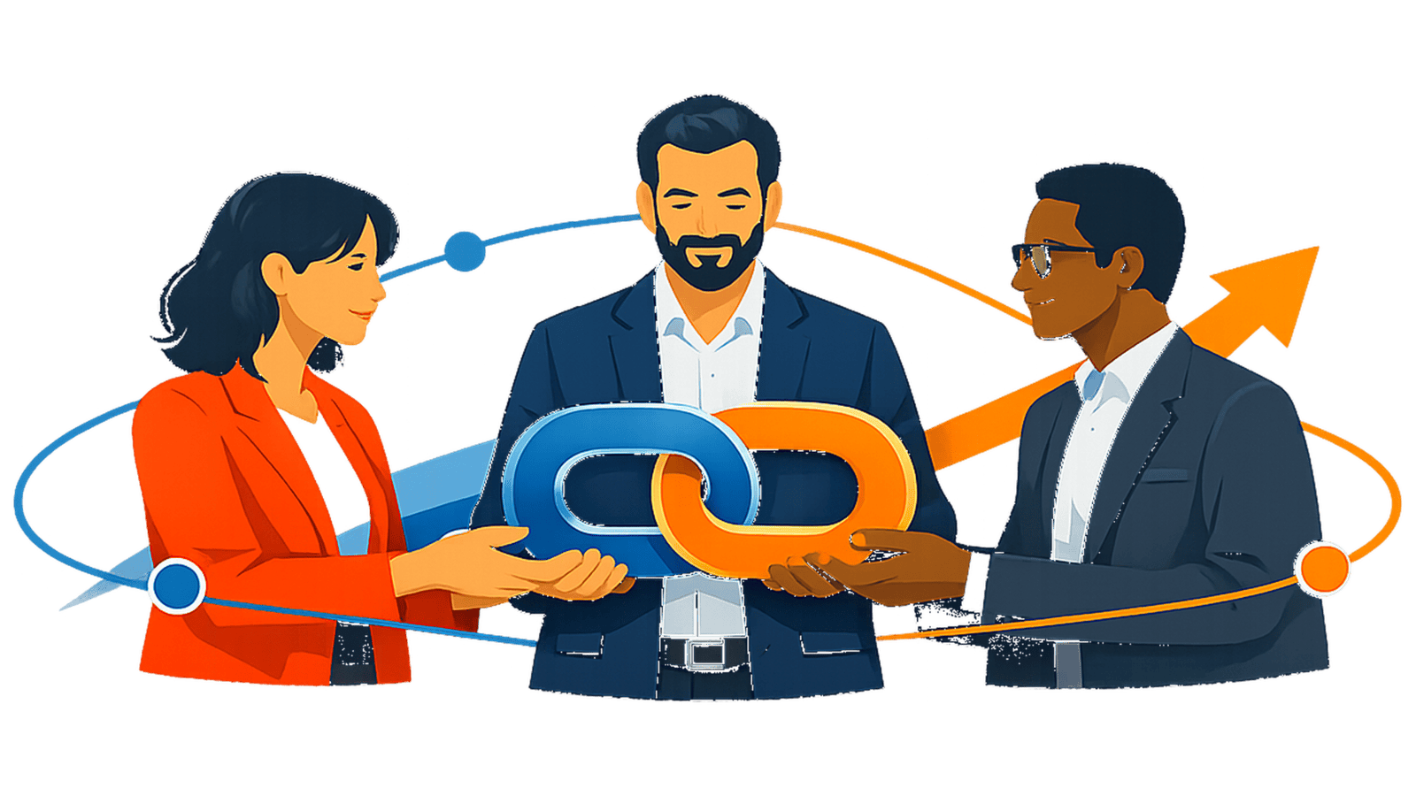 Three business professionals connect around interlocking chain links and a circular network, representing alliance trust, shared visibility, and collaborative ecosystem impact.