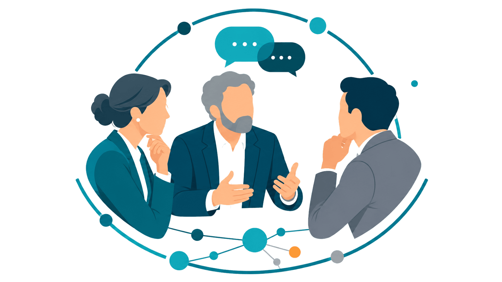 Three business leaders in discussion with conversation bubbles and connected signal lines, representing open dialogue, partner trust, and stronger alliance engagement.